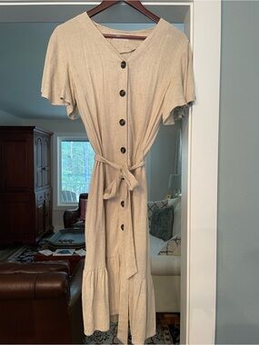 Ces Femme Beige Button-Front Tie-Waist Midi Dress